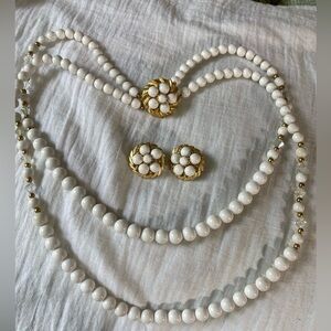 Vintage White‎ Double Strands Necklace & Clip on Earrings Set Demi Parure